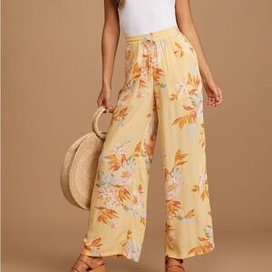 BILLABONG Wandering Heart Yellow Floral Print Wide Leg Pants